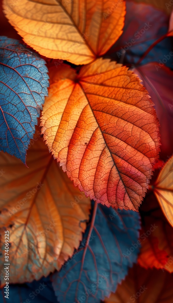 Vibrant autumn leaves in shades of orange, red, and blue Vibrant autumn leaves in shades of orange, red, and blue