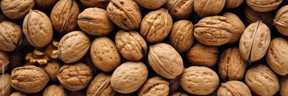 Scrumptious and nutritious walnuts in their shells displayed in a visually pleasing arrangement Scrumptious and nutritious walnuts in their shells displayed in a visually pleasing arrangement