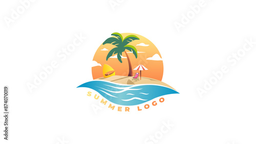 summer beach logo with palm tree, lounger, umbrella, summer island logo