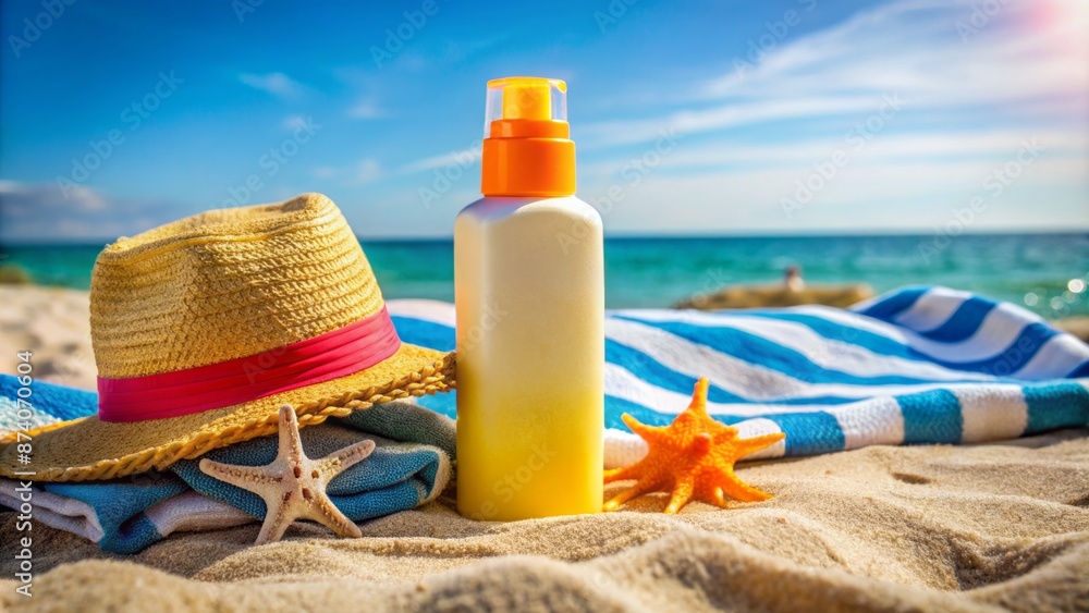 A close-up of a sunscreen bottle and a small beach towel with a child's sunglasses and hat lying nearby. A close-up of a sunscreen bottle and a small beach towel with a child's sunglasses and hat lying nearby.