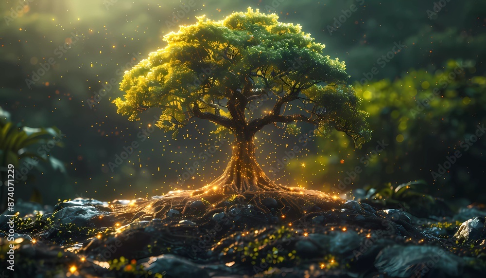 Obraz premium Chronicles of Digital Resilience, image of a towering tree with roots extending deep into a digital landscape, version-controlled project over time