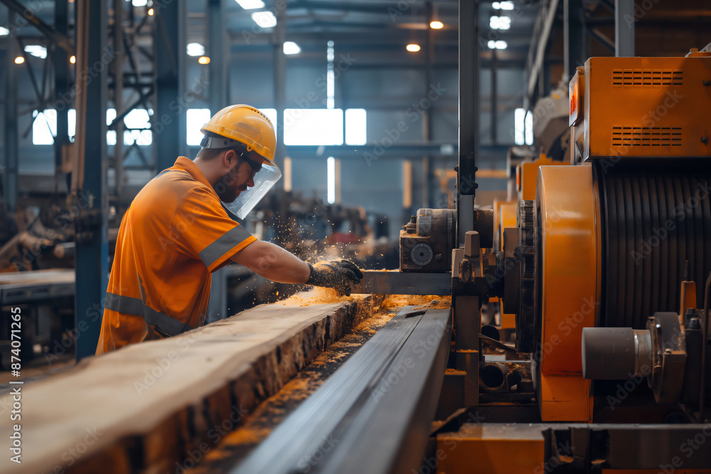 Carpenter wearing safety gear is operating a large wood cutting machine in a sawmill, with sawdust flying through the air Carpenter wearing safety gear is operating a large wood cutting machine in a sawmill, with sawdust flying through the air