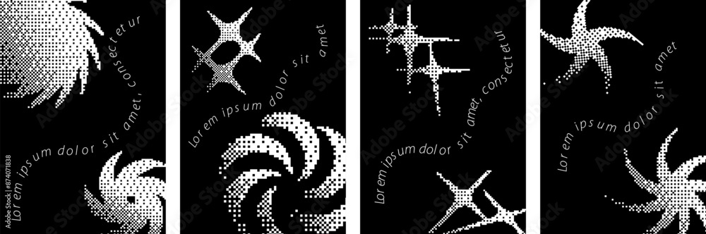 Monochrome retro Y2K brutal posters with abstract vector bitmap effect that imitates pixels. Y2K modern graphic elements and geometric shapes. Vector EPS 10 Monochrome retro Y2K brutal posters with abstract vector bitmap effect that imitates pixels. Y2K modern graphic elements and geometric shapes. Vector EPS 10
