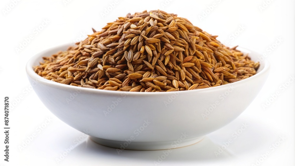 Isolated white bowl overflowing with brownish-yellow dried cumin seeds against a pristine white backdrop, evoking warmth and aromatic flavors. Isolated white bowl overflowing with brownish-yellow dried cumin seeds against a pristine white backdrop, evoking warmth and aromatic flavors.