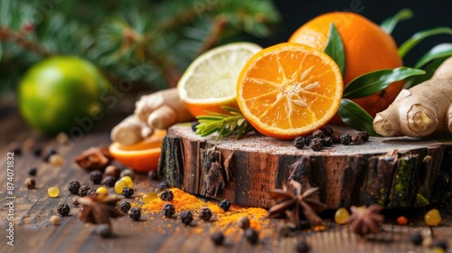 Wooden stump with assorted peppercorns fir ginger orange and lime Aromatic concept of spicy wood fragrance or massage oils photo