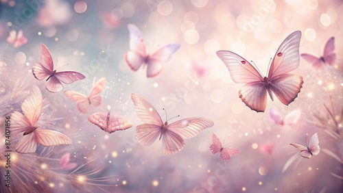 Delicate pastel pink watercolor butterflies gently flutter amidst soft feathery clouds and subtle gradient background with whimsical elegance.