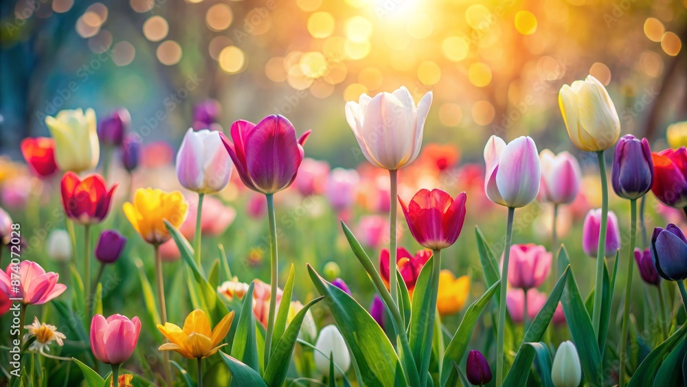 Vibrant colorful tulips sway gently in a serene meadow, bathed in soft pastel light with creamy bokeh, on an Easter morning. Vibrant colorful tulips sway gently in a serene meadow, bathed in soft pastel light with creamy bokeh, on an Easter morning.
