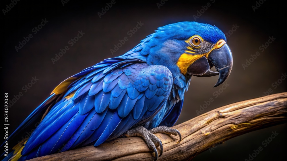 Vibrant blue and yellow hyacinth macaw perches on a branch against a dark black background, showcasing its stunning plumage details. Vibrant blue and yellow hyacinth macaw perches on a branch against a dark black background, showcasing its stunning plumage details.