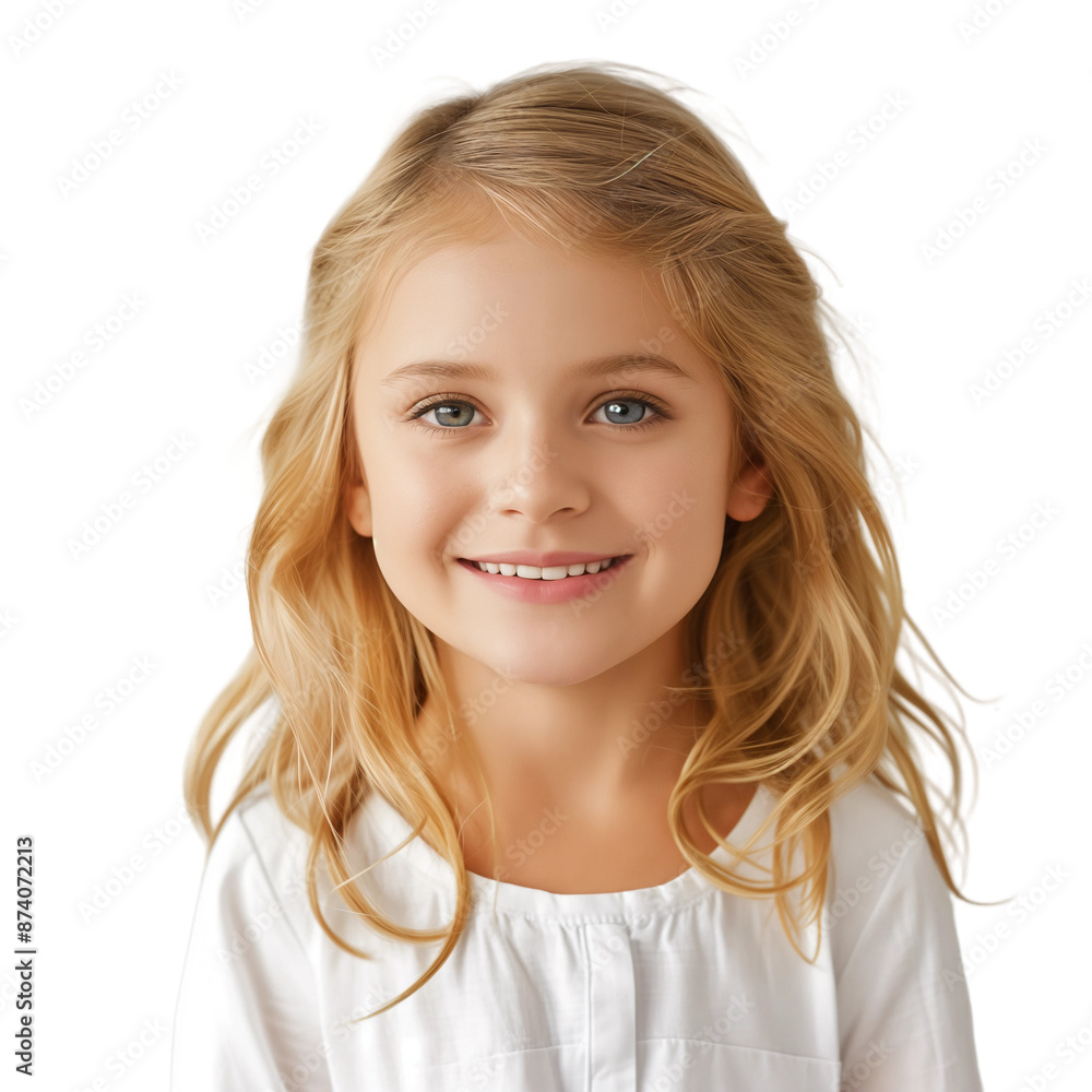 Smiling Young Girl with Blonde Hair in White Blouse, isolated on transparent background. Smiling Young Girl with Blonde Hair in White Blouse, isolated on transparent background.