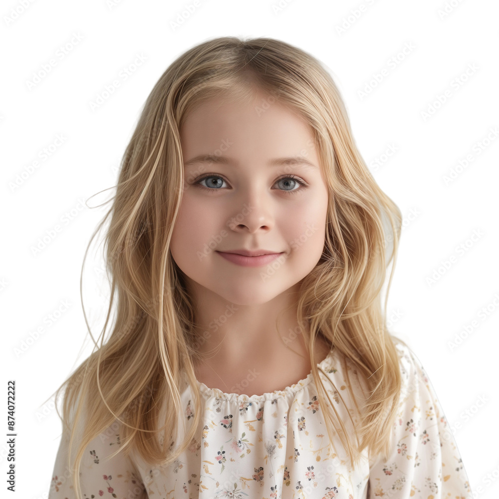 Smiling Young Girl with Blonde Hair in Floral Dress, isolated on transparent background. Smiling Young Girl with Blonde Hair in Floral Dress, isolated on transparent background.
