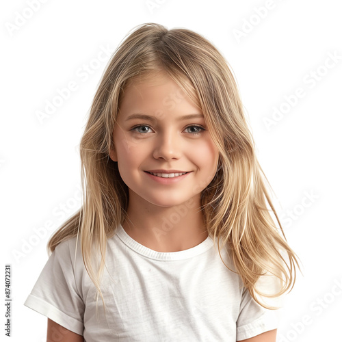 Smiling Young Girl with Blonde Hair in White T-Shirt, isolated on transparent background.