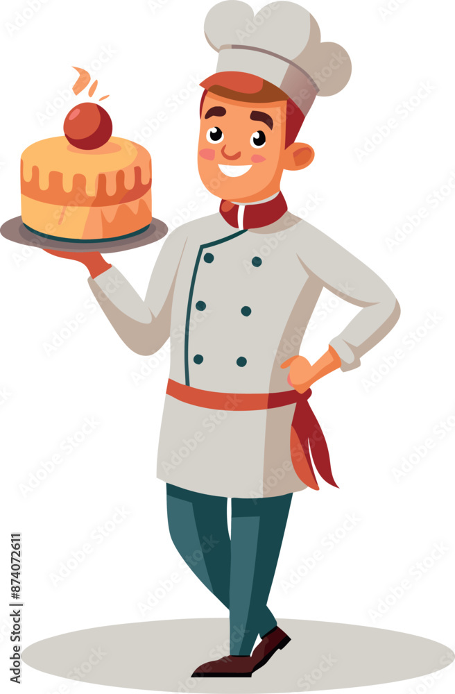 Smiling Chef Holding Cake in Hand Drawn Cartoon Illustration Smiling Chef Holding Cake in Hand Drawn Cartoon Illustration