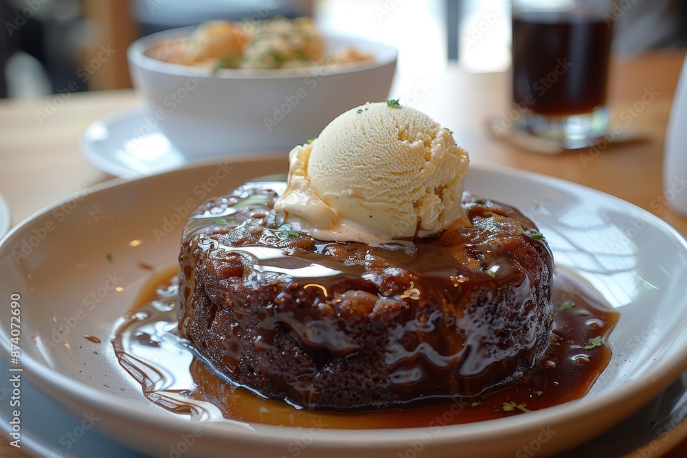 A bowl of sticky toffee pudding, served warm with a drizzle of toffee sauce and a scoop of vanilla ice cream. A bowl of sticky toffee pudding, served warm with a drizzle of toffee sauce and a scoop of vanilla ice cream.