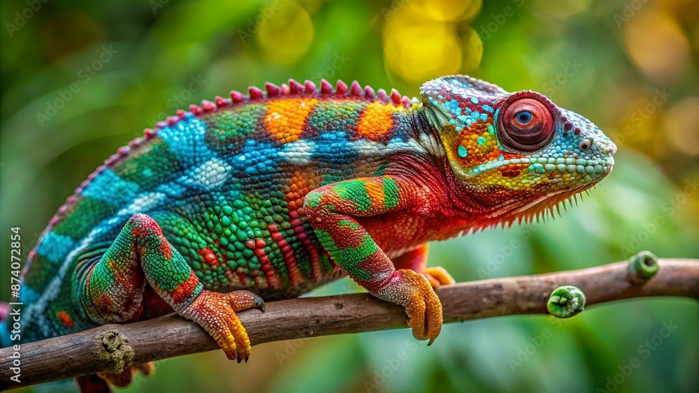 Panther chameleon Furcifer pardalis from Madagascar, perched on a branch Panther chameleon Furcifer pardalis from Madagascar, perched on a branch