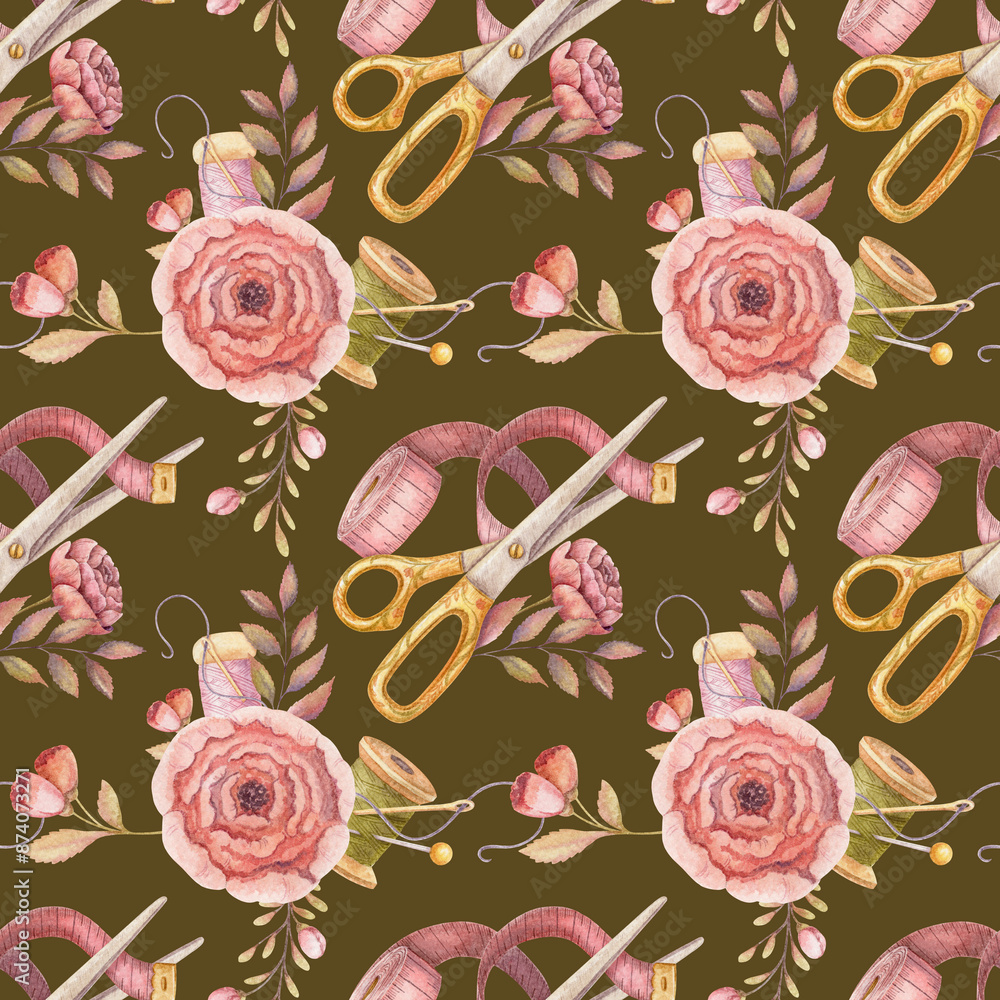 Sewing supplies seamless pattern with scissors and measuring tape on dark green background. Pink hand drawn watercolor sewing kit floral illustration in vintage style for fabric and paper design. Sewing supplies seamless pattern with scissors and measuring tape on dark green background. Pink hand drawn watercolor sewing kit floral illustration in vintage style for fabric and paper design.