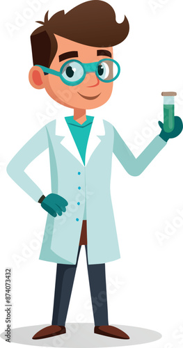 Cartoon Scientist Holding Test Tube in Lab Coat