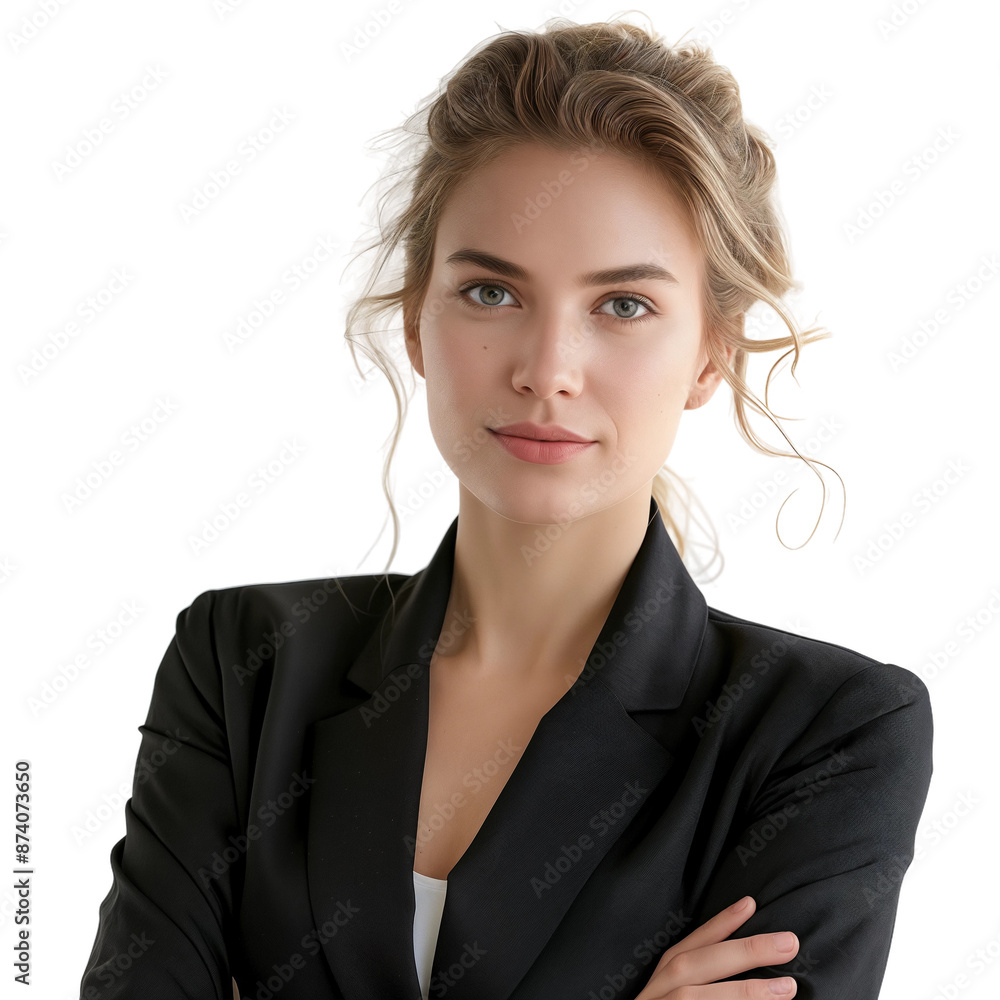 Confident Young Woman in Black Blazer with Updo, isolated on transparent background. Confident Young Woman in Black Blazer with Updo, isolated on transparent background.