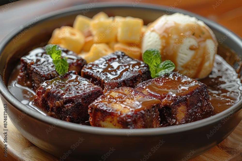 A bowl of sticky toffee pudding, served warm with a drizzle of toffee sauce and a scoop of vanilla ice cream. A bowl of sticky toffee pudding, served warm with a drizzle of toffee sauce and a scoop of vanilla ice cream.