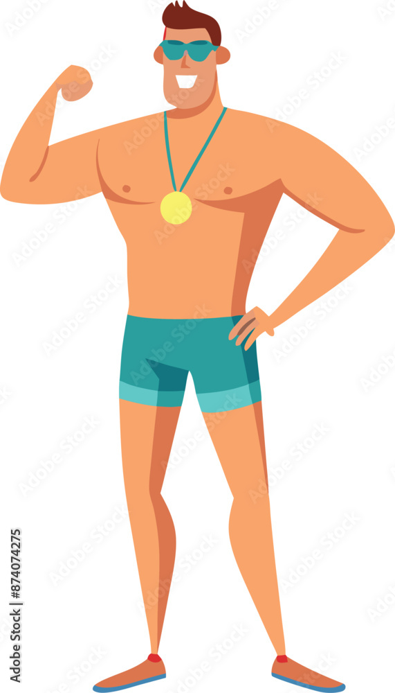 Cartoon Swimmer Wearing Medal Flexing Arm in Victory Pose Cartoon Swimmer Wearing Medal Flexing Arm in Victory Pose