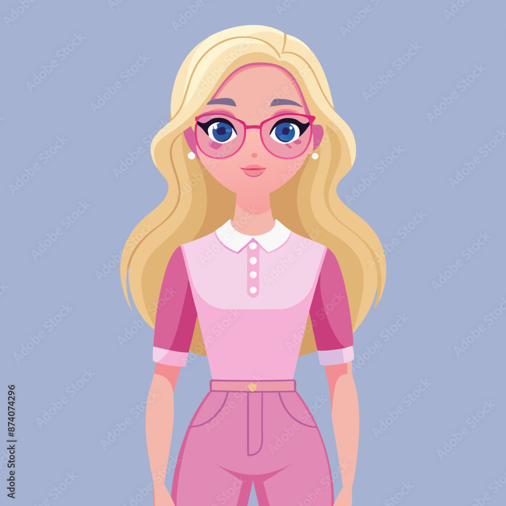 Blonde girl with pink glasses and cute clothes. Cartoon doll style, vector art Blonde girl with pink glasses and cute clothes. Cartoon doll style, vector art