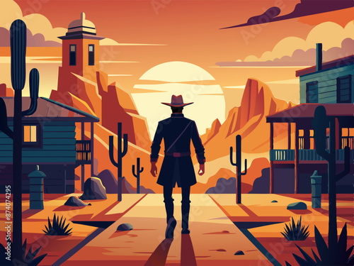A silhouette of a man in a cowboy hat walks through a small town past taverns.  Cartoon vector illustration