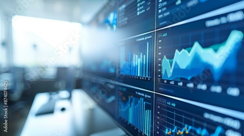 Wallpaper Mural Blue Financial Graphs on Office Display Screens Torontodigital.ca