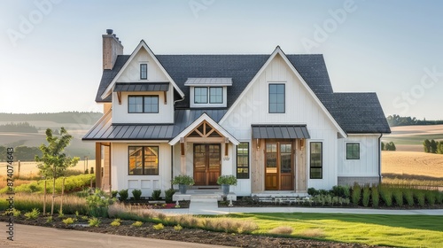 A picturesque modern farmhouse with a steep gabled roof, board and batten siding, and a charming front entry, set against a backdrop of rolling hills and fields. photo