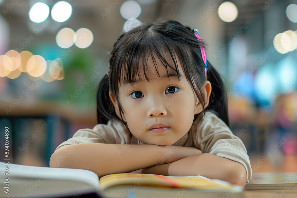 Asian girl reading a book and making homework at home, in class or in library.