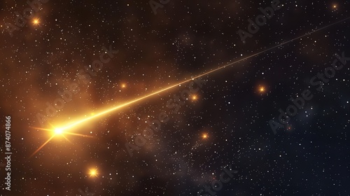 A shining yellow shooting star against a black sky and twinkling stars