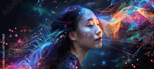 Enigmatic woman with rainbow hair and cosmic energy on a blurry dark background