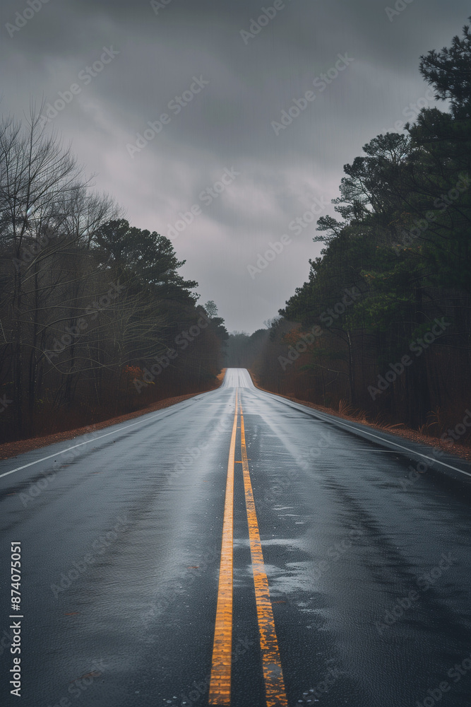 Fototapeta premium A highway stretching into the distance, flanked by trees under an overcast sky