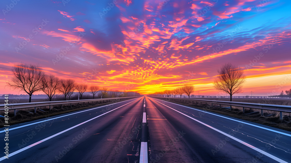 Obraz premium A serene highway stretches into the horizon under a sunset sky in the countryside.