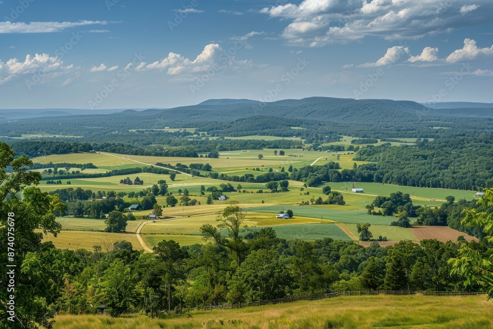 Breathtaking landscape showcasing vibrant green fields, farmhouses and a vast skyline Breathtaking landscape showcasing vibrant green fields, farmhouses and a vast skyline