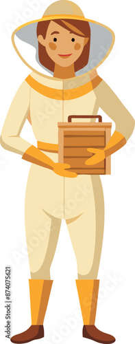 Female Beekeeper Holding Hive Box in Protective Gear