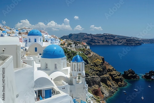 breathtaking santorini panorama whitewashed buildings cascading down cliffs vibrant blue domes against azure sea and sky