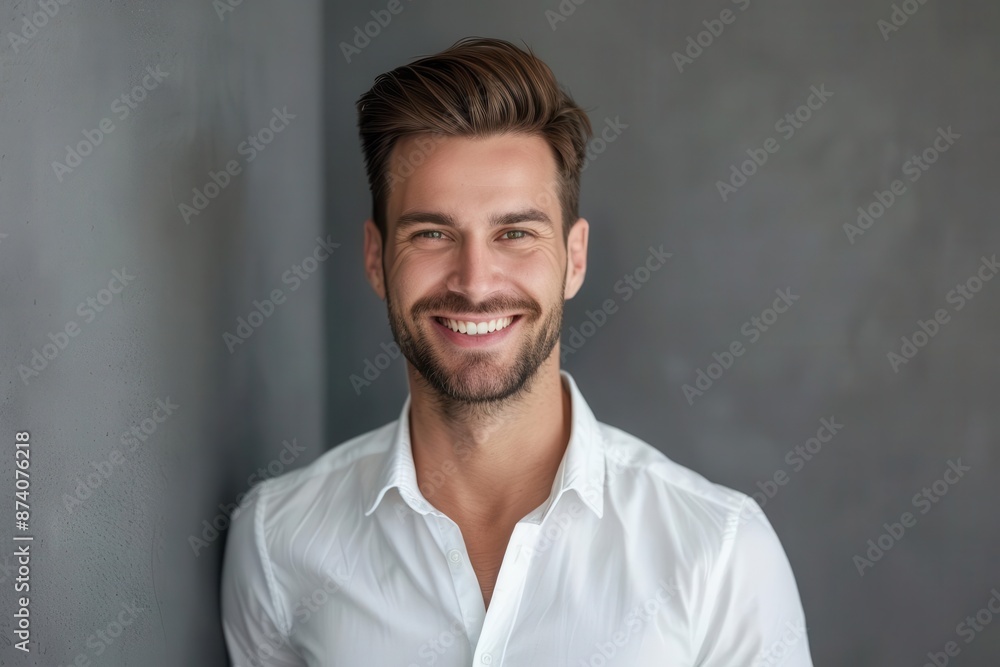 charismatic businessman portrait crisp white shirt confident smile steelgray backdrop studio lighting emphasizes facial features professional headshot style charismatic businessman portrait crisp white shirt confident smile steelgray backdrop studio lighting emphasizes facial features professional headshot style