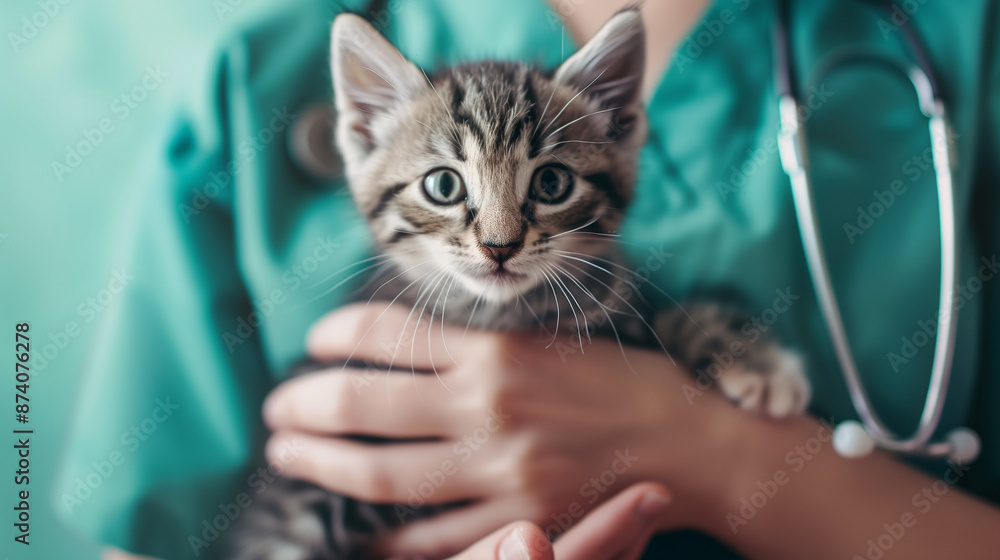 Smiling veterinarian holding a cute kitten in a clinic, creating a warm and friendly atmosphere. Smiling veterinarian holding a cute kitten in a clinic, creating a warm and friendly atmosphere.