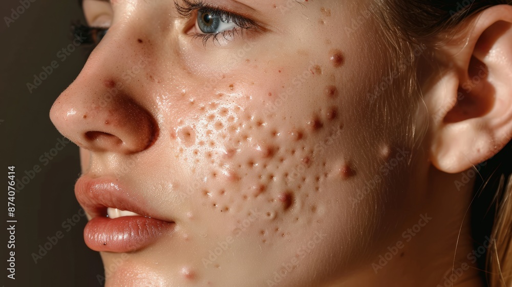 Fototapeta premium Close-up Portrait of a Young Woman's Face Featuring Acne Scars, Imperfections, and Skin Texture, Emphasizing Natural Beauty and Real Skin