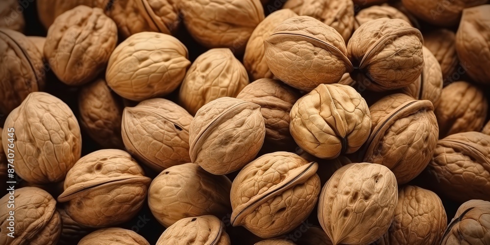 Scrumptious and nutritious walnuts in their shells displayed in a visually pleasing arrangement. Scrumptious and nutritious walnuts in their shells displayed in a visually pleasing arrangement.