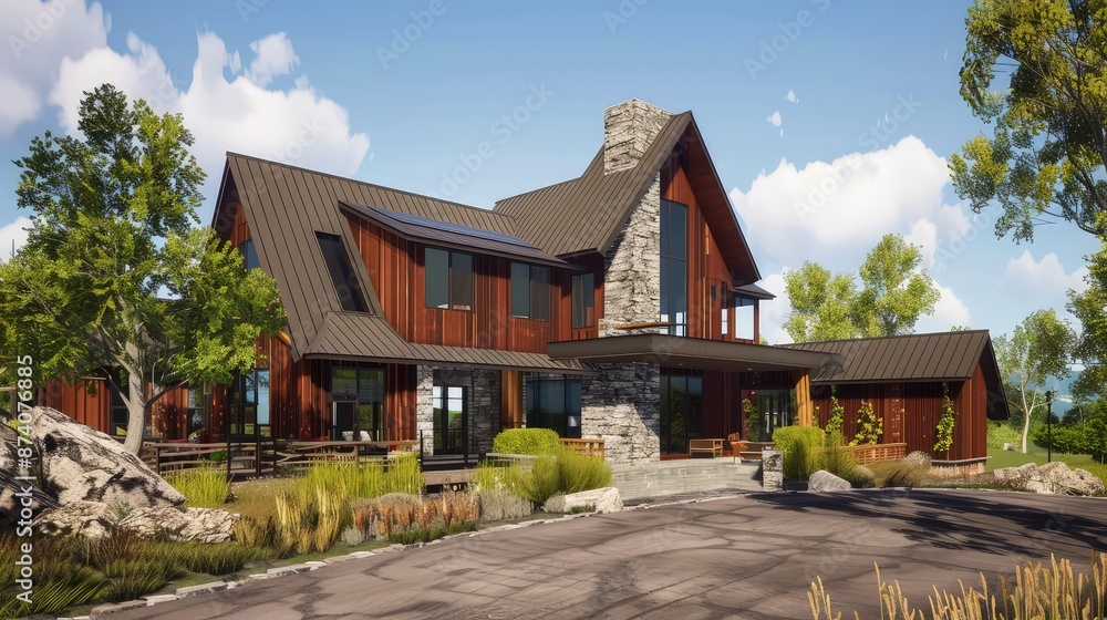 A unique modern farmhouse with an asymmetrical gabled roof, incorporating rustic wood, stone, and metal materials, set in a picturesque rural location. A unique modern farmhouse with an asymmetrical gabled roof, incorporating rustic wood, stone, and metal materials, set in a picturesque rural location.