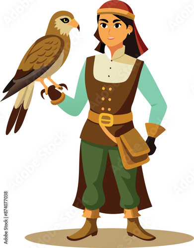 Medieval Falconer Holding a Magnificent Hawk in Gloved Hand