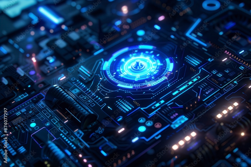 Futuristic control room with neon blue lighting, holographic screens, and digital interfaces, perfect for sci-fi projects. Futuristic control room with neon blue lighting, holographic screens, and digital interfaces, perfect for sci-fi projects.
