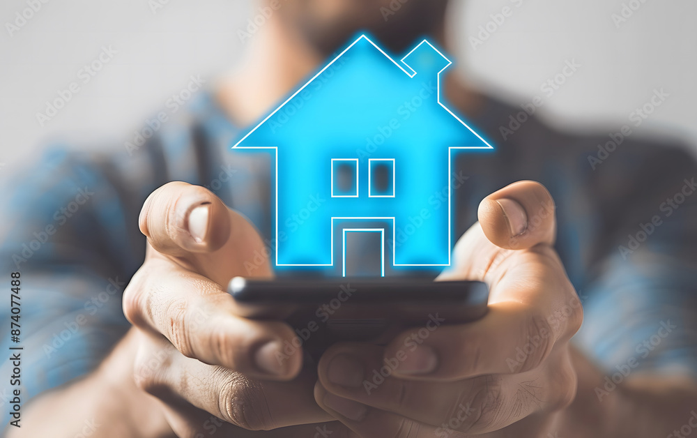 Real estate investment concept. holding the house and up arrow icon on the virtual screen for analyzing mortgage loan home and insurance real property mortgage. interest rate, Investment planning Real estate investment concept. holding the house and up arrow icon on the virtual screen for analyzing mortgage loan home and insurance real property mortgage. interest rate, Investment planning