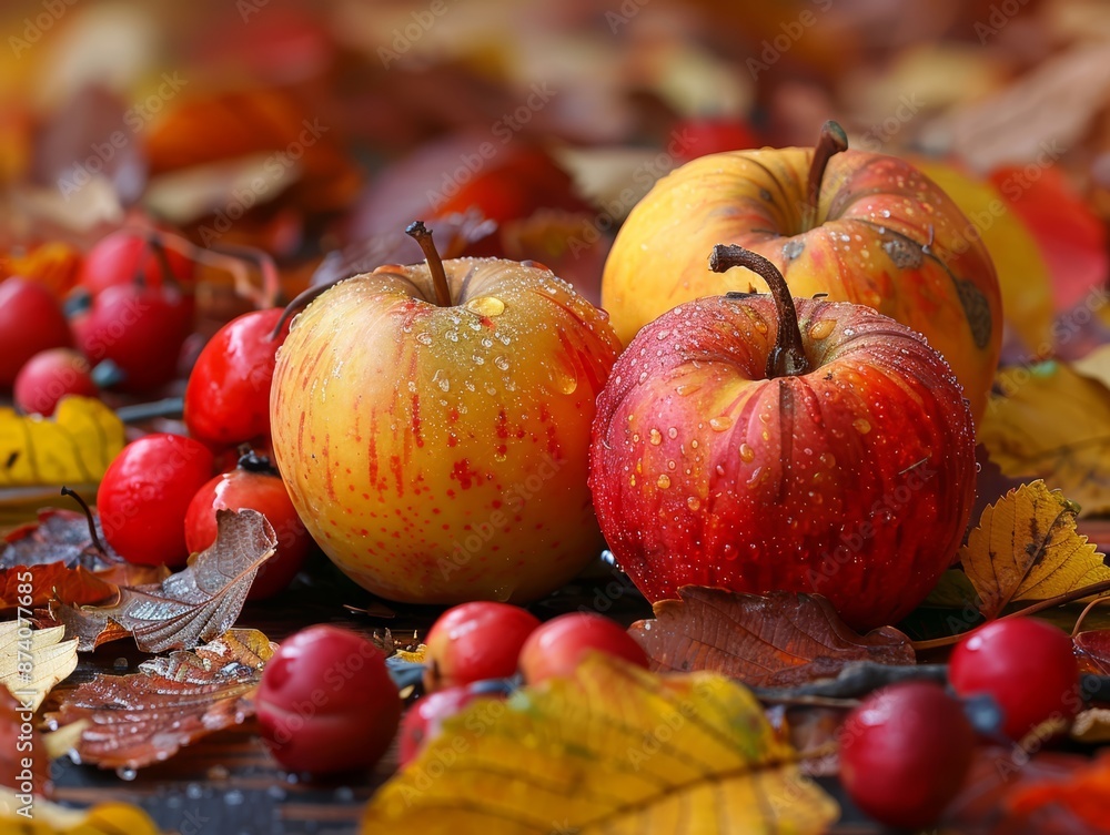 Fresh red and yellow apples with red berries on a bed of fallen autumn leaves. Fresh red and yellow apples with red berries on a bed of fallen autumn leaves.