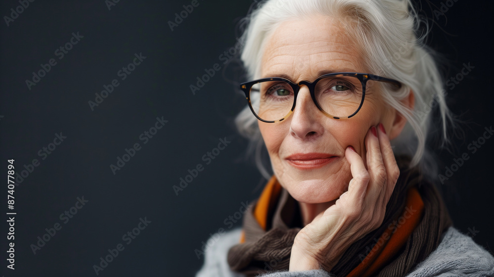A lovely elderly intelligent woman with glasses and a slight smile. A cosmetic conceptual portrait of aging skin care. A lovely elderly intelligent woman with glasses and a slight smile. A cosmetic conceptual portrait of aging skin care.
