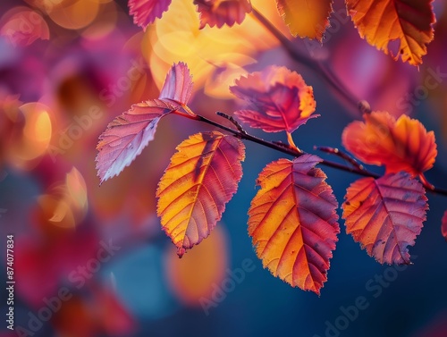 Vibrant red and orange leaves on a branch against a blurred background of autumn colors.