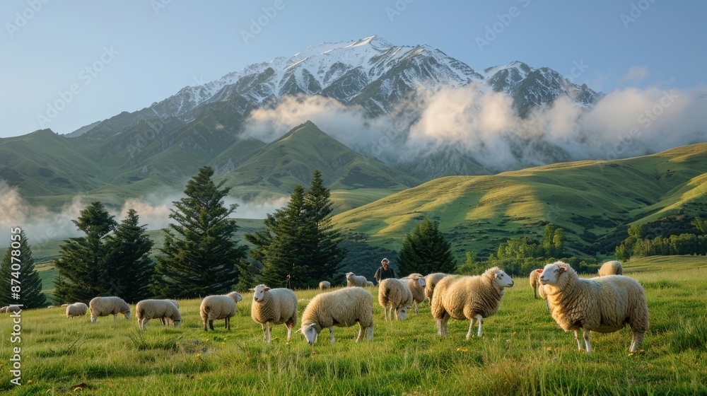 Idyllic Sheep Farm Scene with Flock Grazing in Green Meadow and Shepherd Watching Over - Full-Frame Digital Photograph Idyllic Sheep Farm Scene with Flock Grazing in Green Meadow and Shepherd Watching Over - Full-Frame Digital Photograph