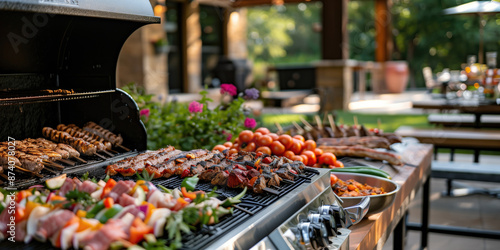 Group of friends having party outdoors. Focus on wooden table with food photo