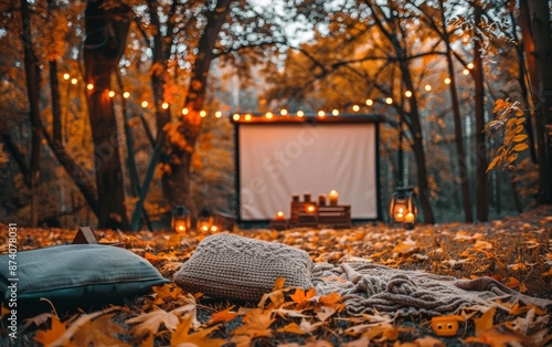 A cozy outdoor movie night setup in the autumn forest with a projector screen, blankets, and string lights.