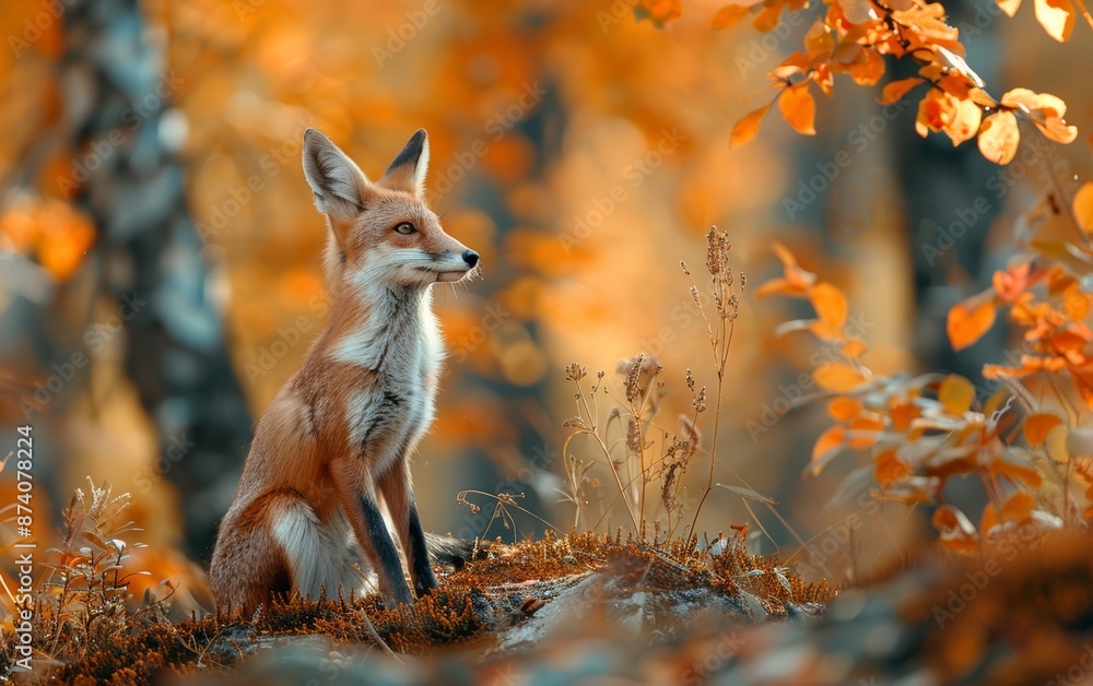 A red fox sits amidst a vibrant autumn forest, surrounded by colorful leaves. A red fox sits amidst a vibrant autumn forest, surrounded by colorful leaves.